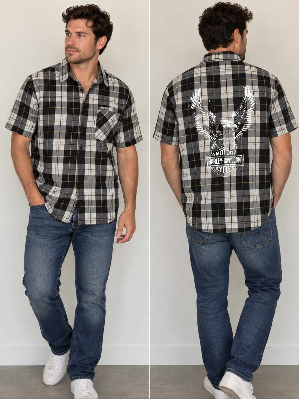 Harley-Davidson Men’s XL Plaid Short Sleeve Eagle Graphic Shirt